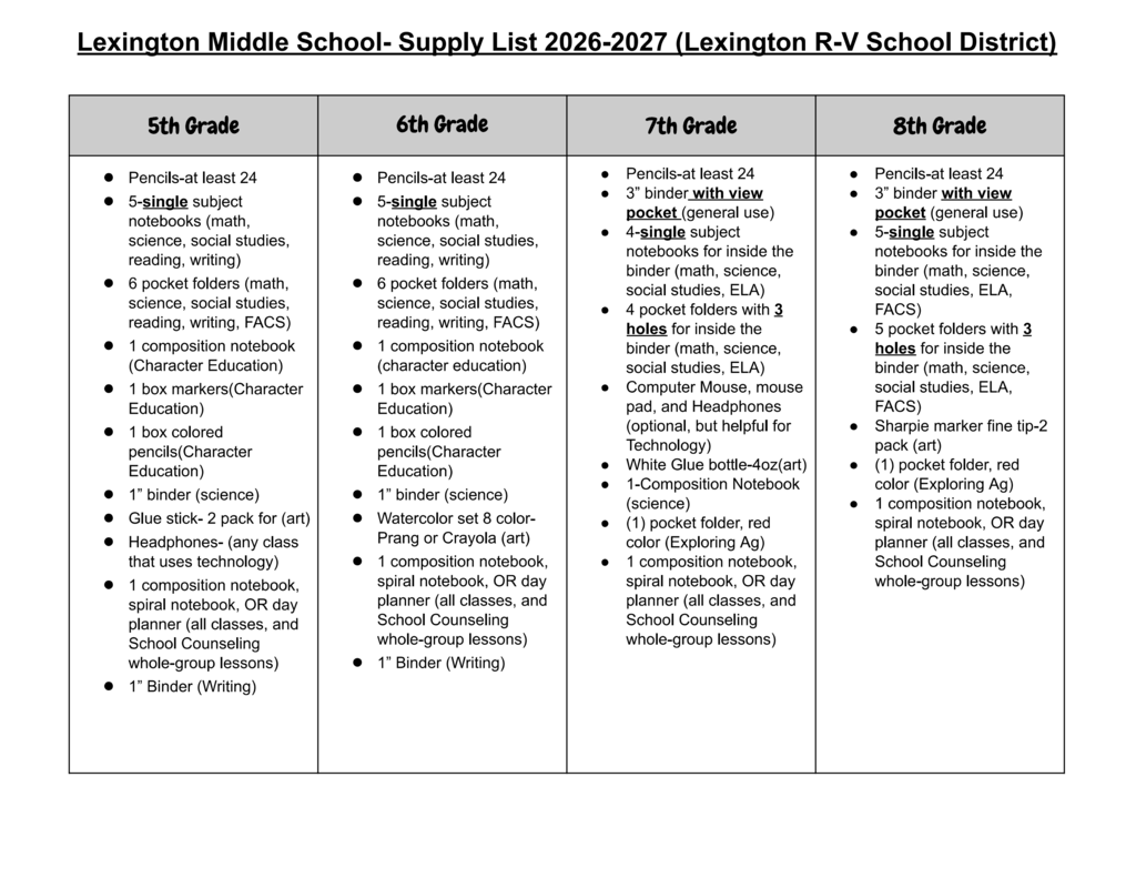 Here we go! Back to School Supply lists for 26-27!