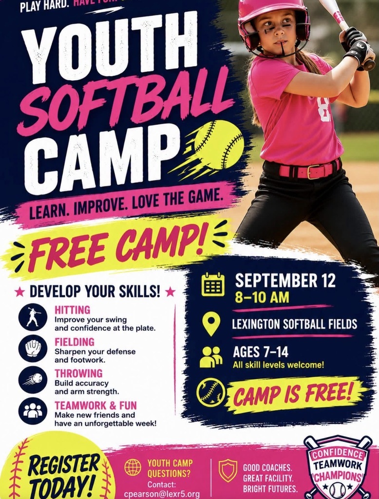 Sept. 12, 2026 Youth Softball Camp Flyer, Free 8 am - 10 am at the Lexington Softball Fields