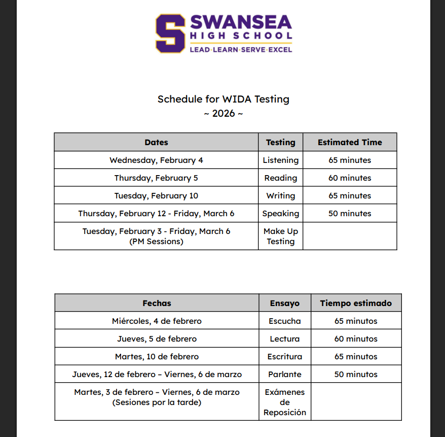 Updated WIDA Schedule 