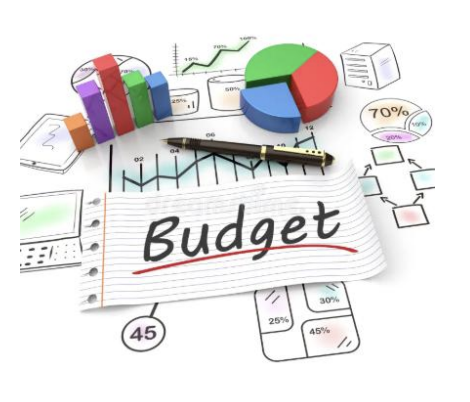 Word budget on a piece of paper underlined in red with a  pie car, calculator, and other sketches
