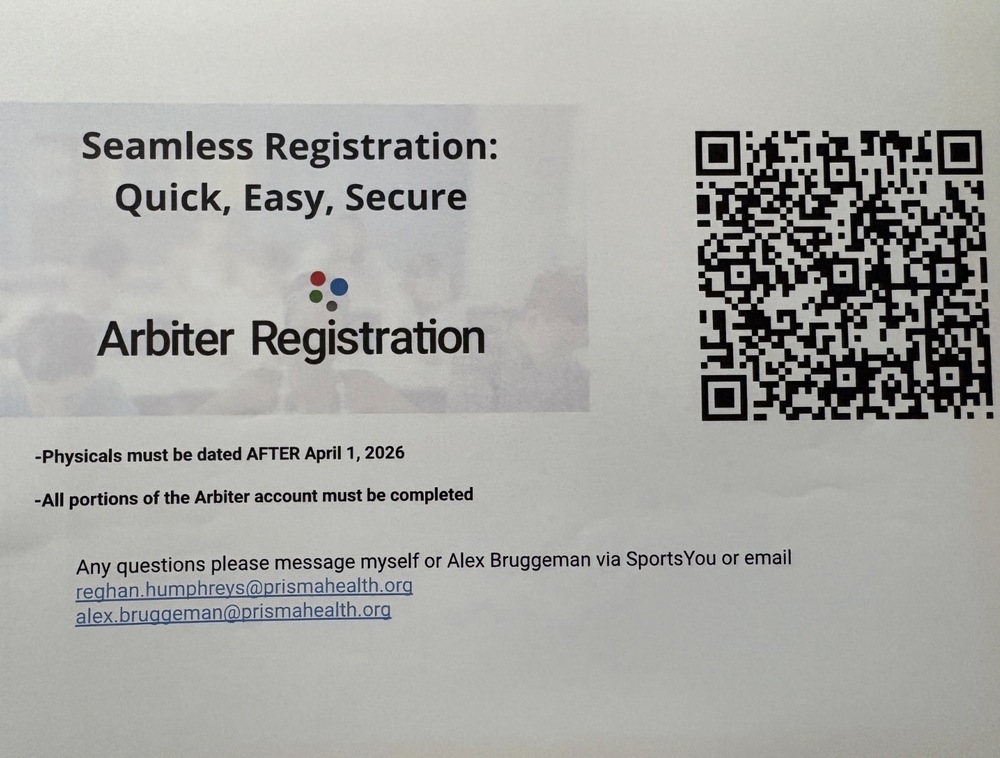 Arbiter Registration for students/parents/guardians to upoload physicals in order to tryout and participate in school sports. Scan the QR code to take you to the website to upload your physicals.