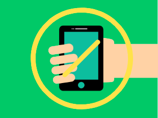 Illustration of hand holding cell phone with yellow circle and hash mark through it