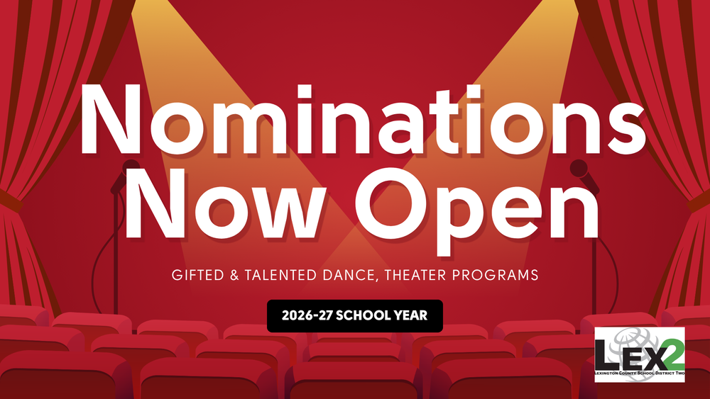 Red curtained stage area that says Nominations Now Open for Gifted & Talented Dance, Theater