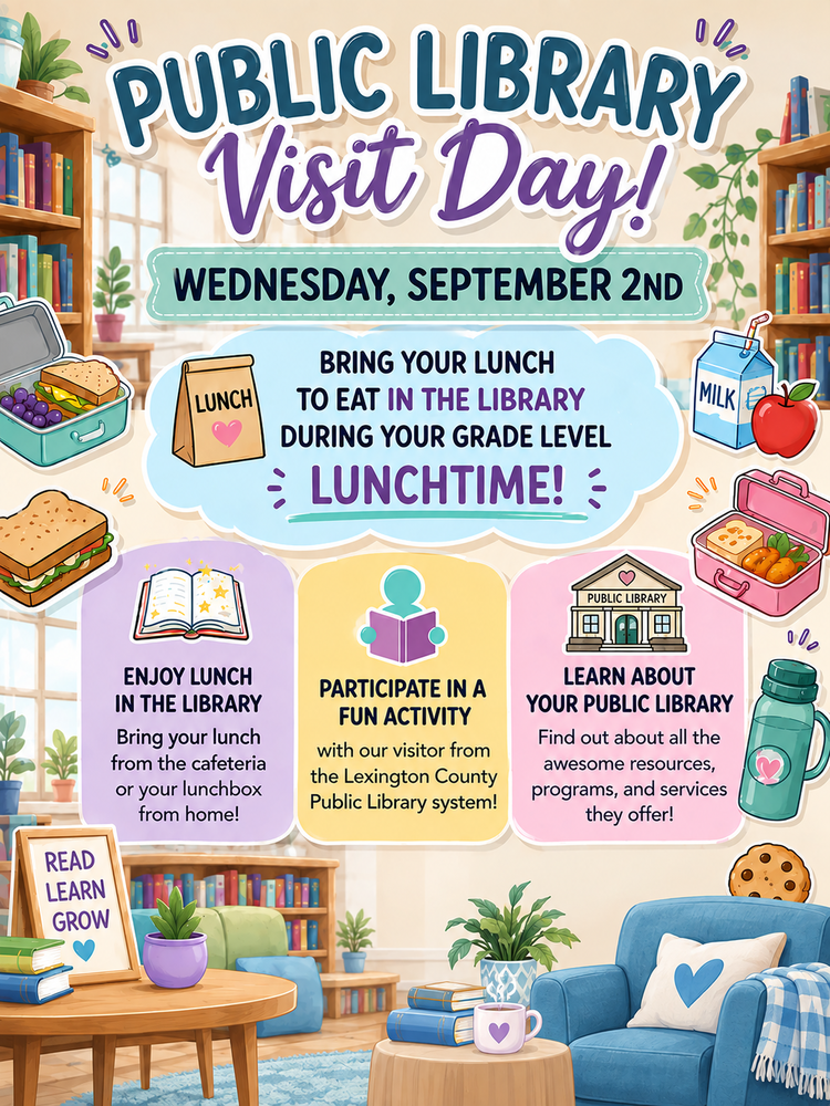 Flyer shares information about Students gathered in the library sitting at tables while eating lunch and participating in the Fulmer library and public library collaboration event.