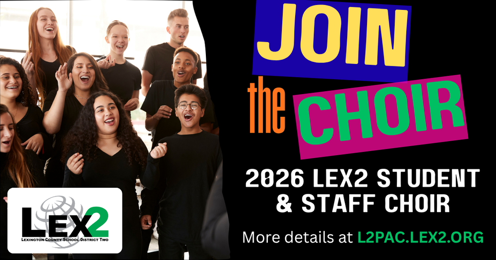 An image showing a choir singing, with the  words: Join the Choir - 2026 Lex2 Student & Staff Choir