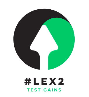 Illustration of green and black circle, with white arrow pointed up, and words #LEX2 TEST GAINS