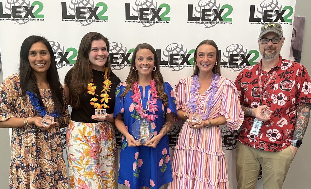 Lexington Two’s Rookie Teachers of the Year, from left: Mary Kammes, Early Childhood; Emma McInnes, High School; Brittany Broxton, District Rookie Teacher of the Year; Presley Harbert, Elementary School; and Joshua Bridges, Middle School.