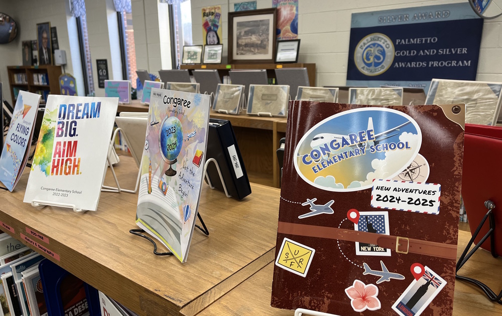 Yearbooks on display in the Congaree Elementary library for the 65th anniversary