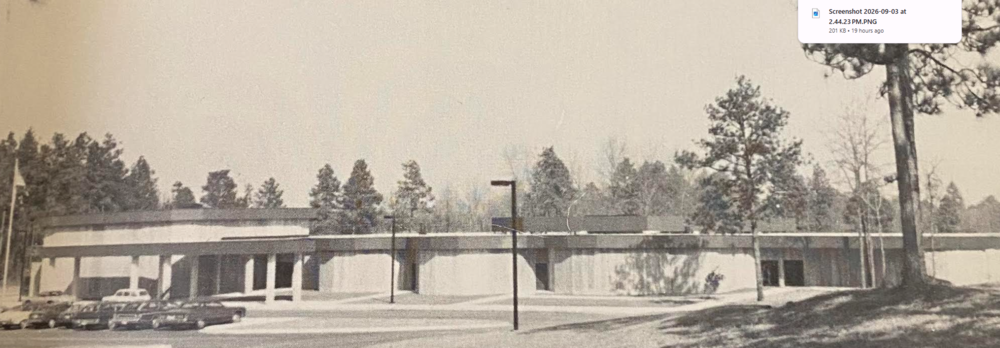 A black and white photo of Wood Elementary, taken in the late 1970s