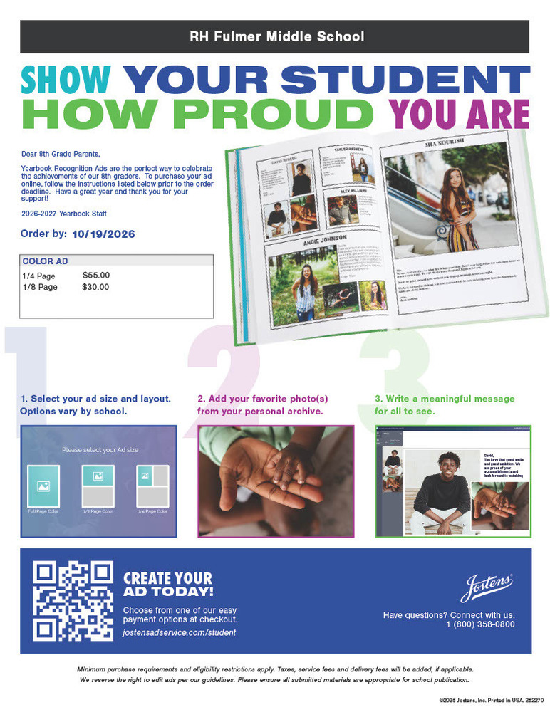 Yearbook reminder about 8th grade parents and families being able to purchase an 8th grade add and they can set up an account and design their 8th grader's ad on the Jostens website by scanning the QR code. Questions, contact Kelsie Lane at klane@lex2.org