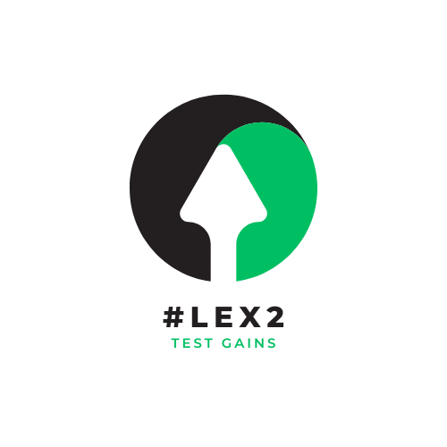 Arrow in circle with black on one side and green on the other, text below circle is #Lex2 Test Gains