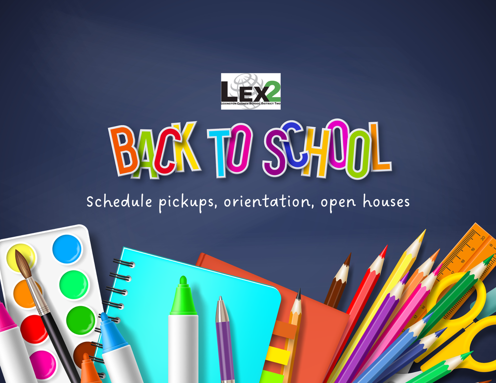 Back to School image with pens, paints, colored pencils along bottom with colorful back to school skewed letters