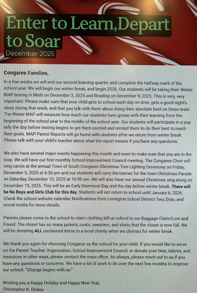 Cover Page of the December 2025 newsletter with a letter from Mr. Dickey