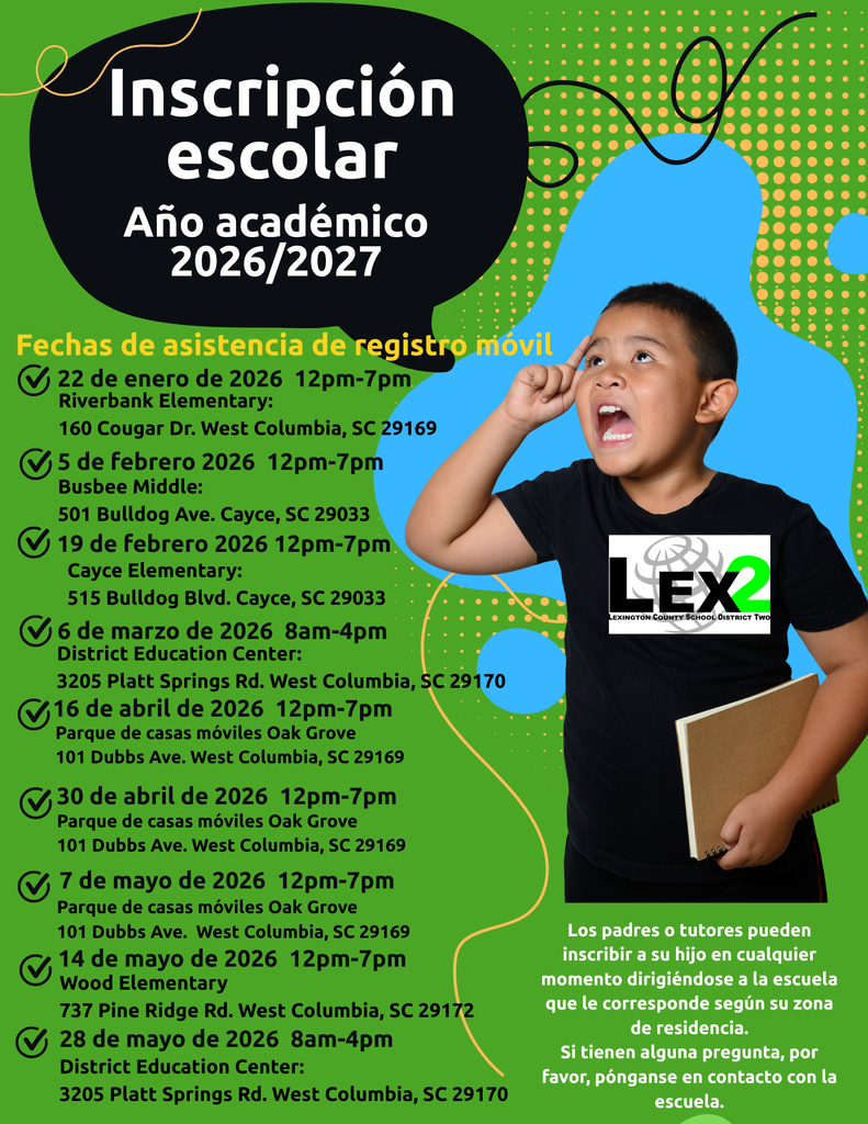 School Registration Flyer with mobile sites January-May 2026 (Spanish)