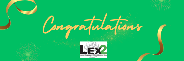Sign that says Congratulations, with Lex2 logo
