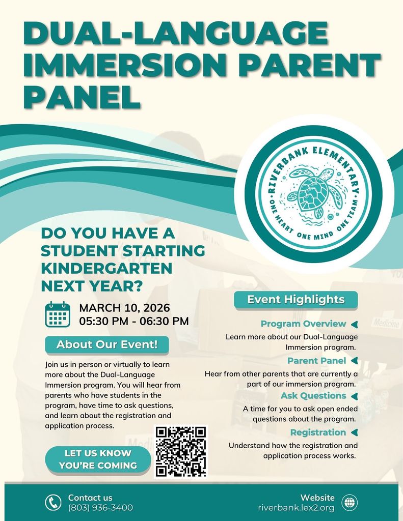 Do you have a child who will be attending kindergarten next year? Then join us for an information session about our two-way dual-language immersion program! This will be in person at Riverbank, or you can join virtually. The virtual link will be shared to your email address when you sign up to attend.  - March 10th from 5:30pm-6:30pm - Hear from parents who are currently part of the program - Ask questions - Learn about the registration and application process  Let us know that you are interested in attending by filling out this quick form! https://form.jotform.com/260425775534057