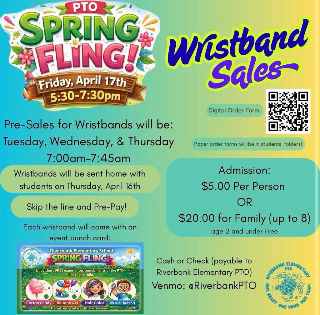 Colorful flyer sharing the details about Spring Fling event. April 17th 5:30-7:30 at Riverbank Elementary. 