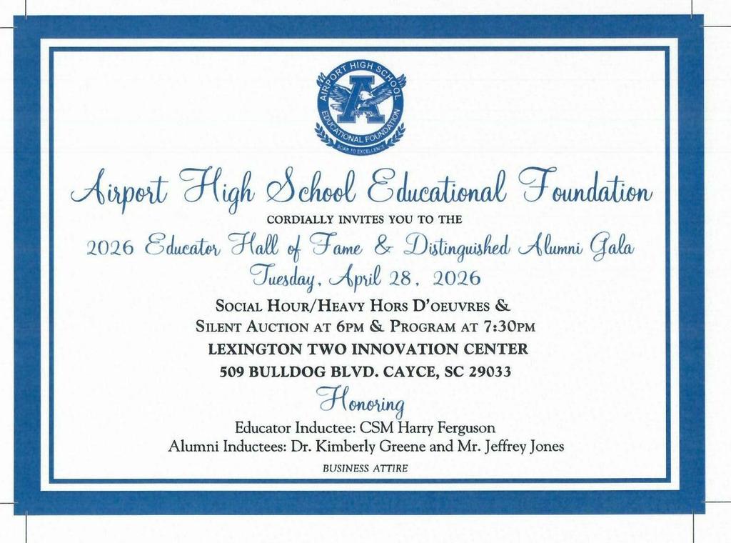 Airport High School Educator Hall of Fame & Distinguished Alumni Gala invitation
