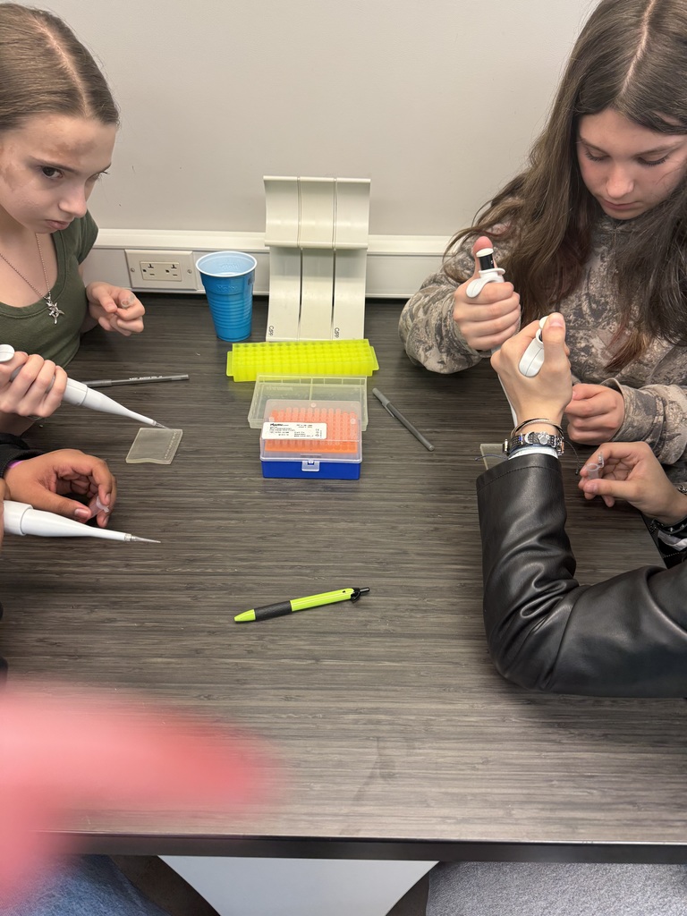 Three students hold pipetes and use them during the lab.