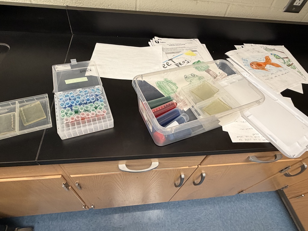 Lab supplies are shown laid out on a back counter in the science lab.