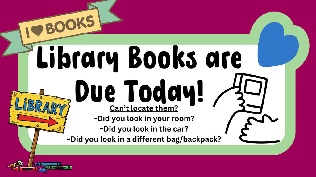 A sign that reads, "Library Books are Due Today!" and it lists a head Can't Locate Them? and reminders of where to look.  A sign that says Library with an arrow pointing. A banner at the top that states I Heart Books and a hand turning in a book to another hand is shown on the bottom right of the image. A blue heart is in the upper left of the image.