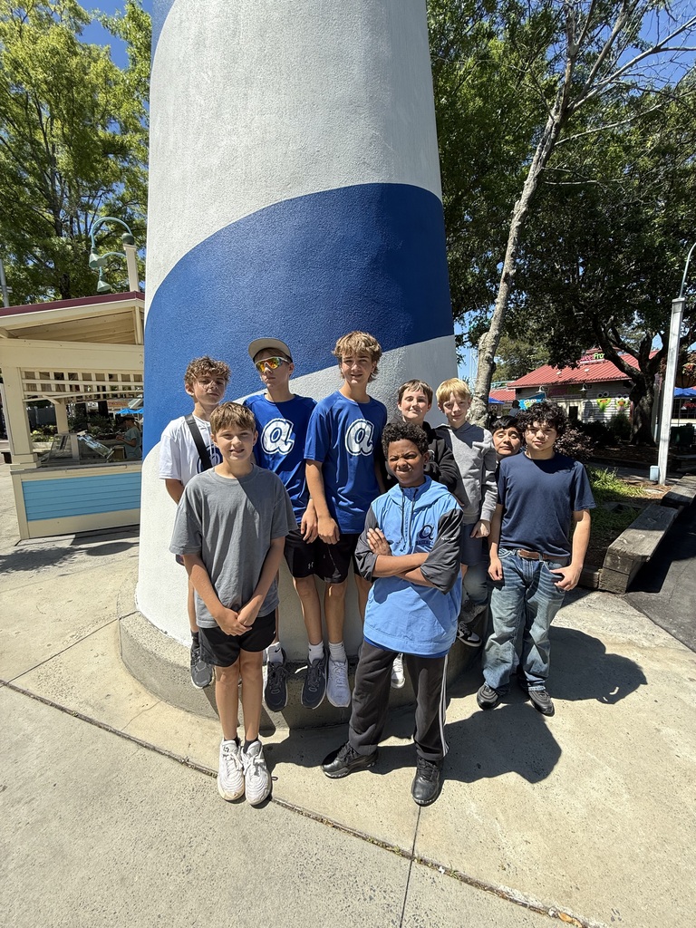 A group of male students stand in front of a large blue and white post at Carowinds Adventure Park.