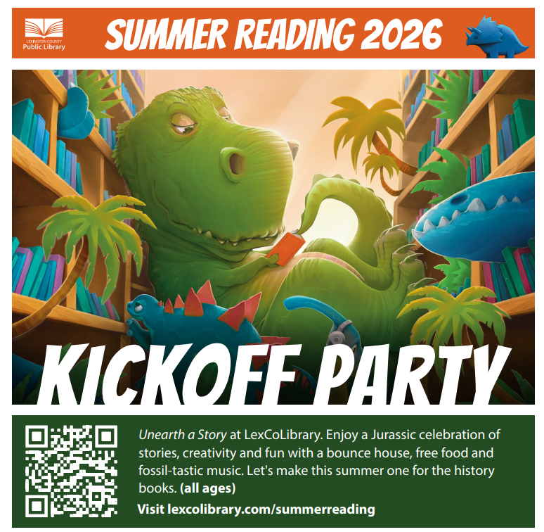 Summer Reading 2026 Kickoff Party flyer contains information and a QR code for the Cayce West Columbia branch hosting their summer kickoff party.
