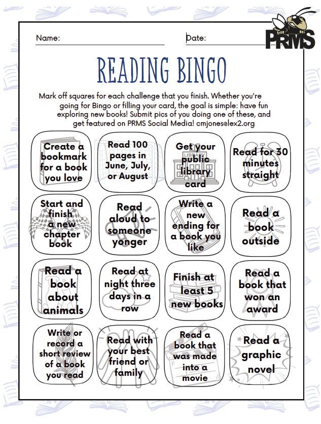 Summer Reading BINGO card with 12 different activites to participate in summer reading