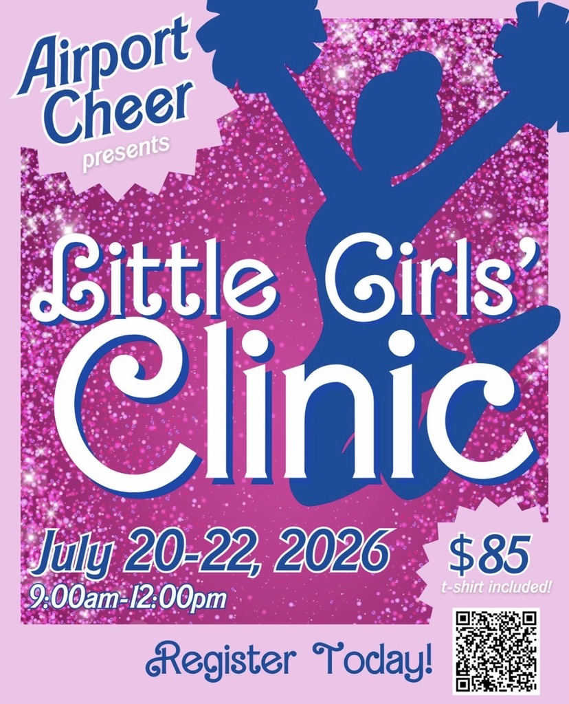 Fllyer shows blue shadow outline of a cheerleader and promotes  July 20-22 Little Girls Clinic at Airport High School