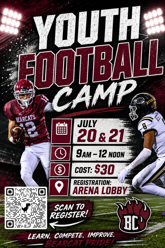 Flyer shows photos of 2 football players under stadium lights with information about July 20-21 football camp at Brookland-Cayce High School