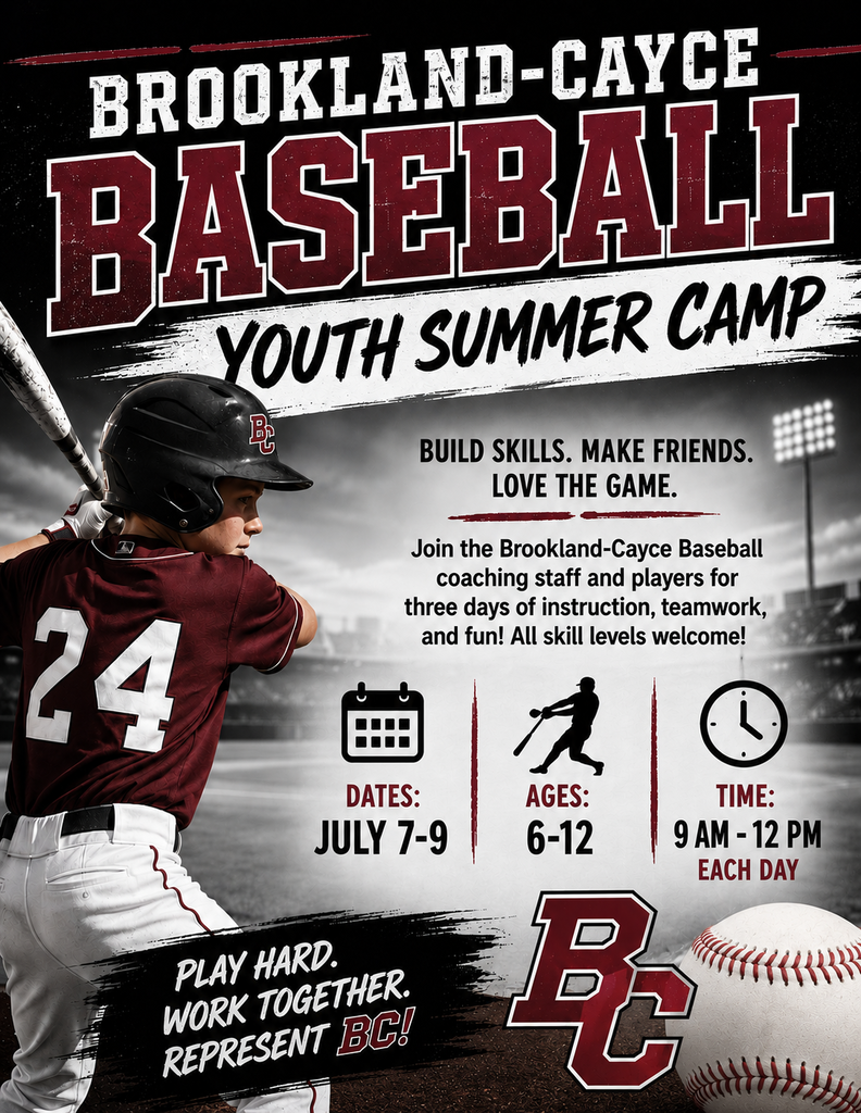 Flyer showing child with a baseball bat and details about July 7-9  football camp at Brookland-Cayce High School