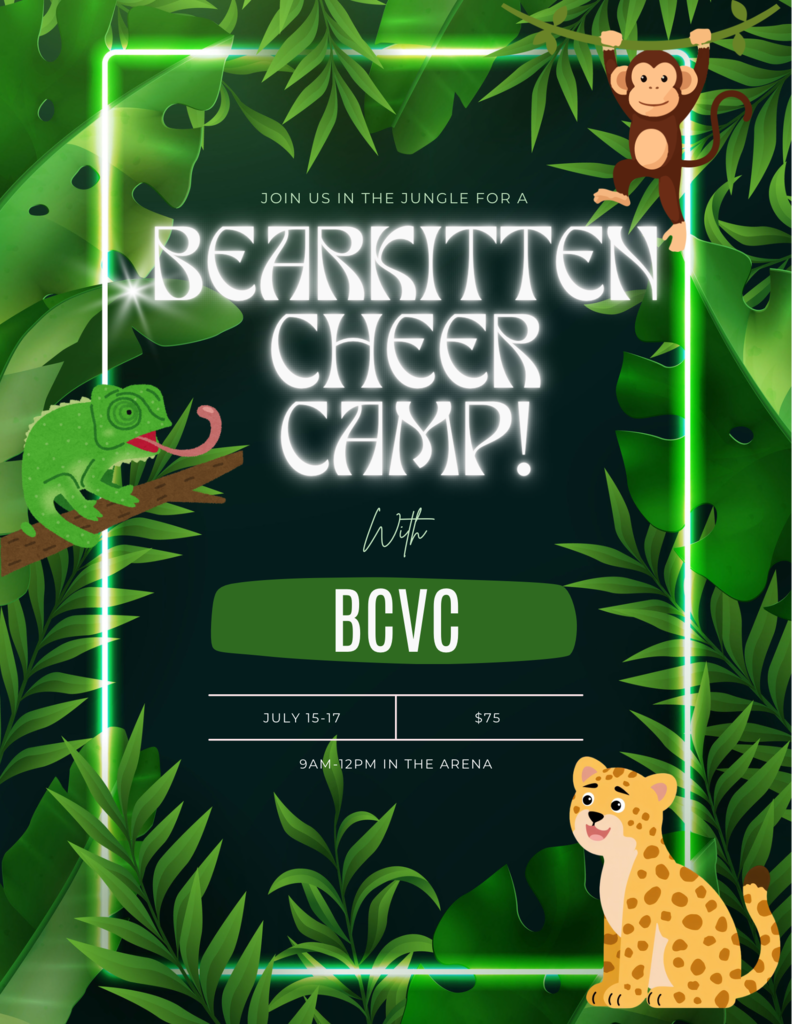 Flyer shows a lizard, monkey and leopard advertising Bearkititen Cheer Camp at Brookland-Cayce High School
