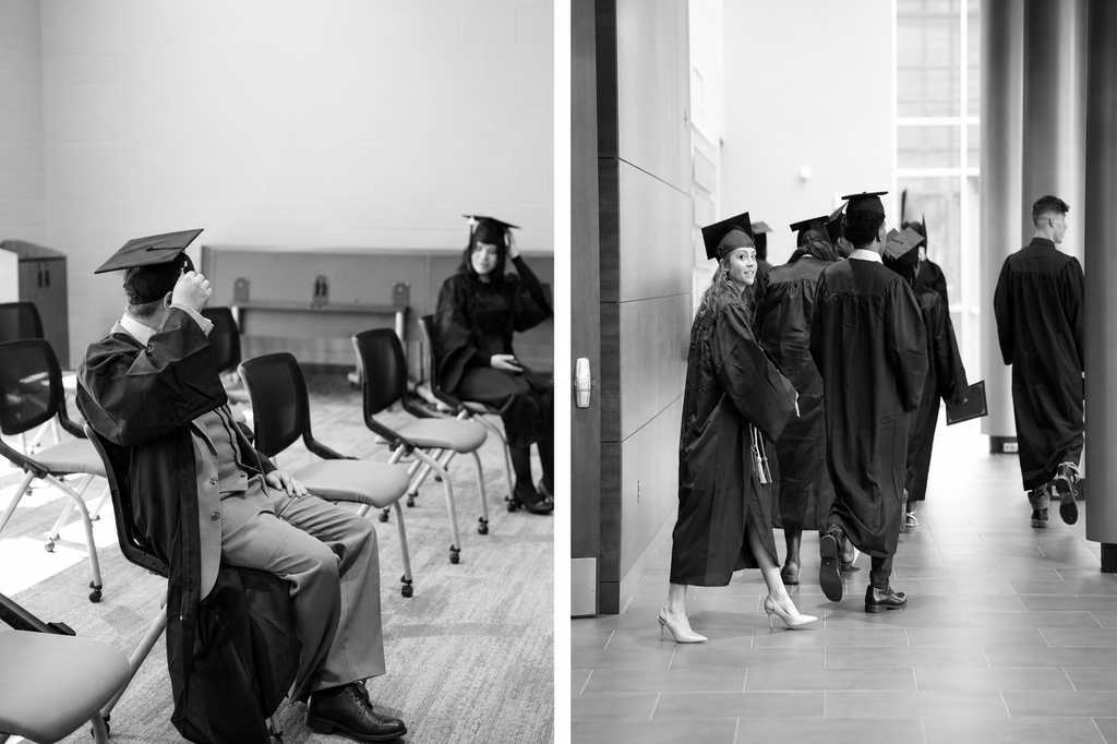 Double images of students preparing for graduation