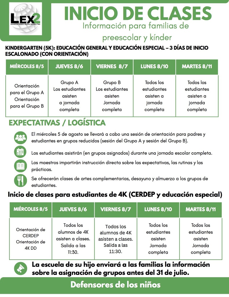 Flyer with information on 5K Staggered Start for first 3 days of school year (Spanish language)