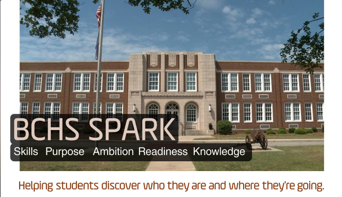 Photo of the outside of Brookland-Cayce High School with words "BCHS SPARK: Skills, Purpose, Ambition, Readiness, Knowledge / Helping students discover who they are and where they're going