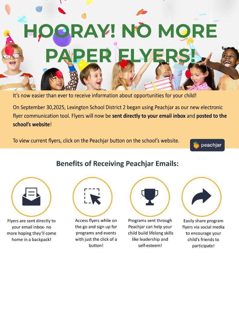 Kids, celebration with hats and confetti, Hooray No more Paper Flyers, PeachJar