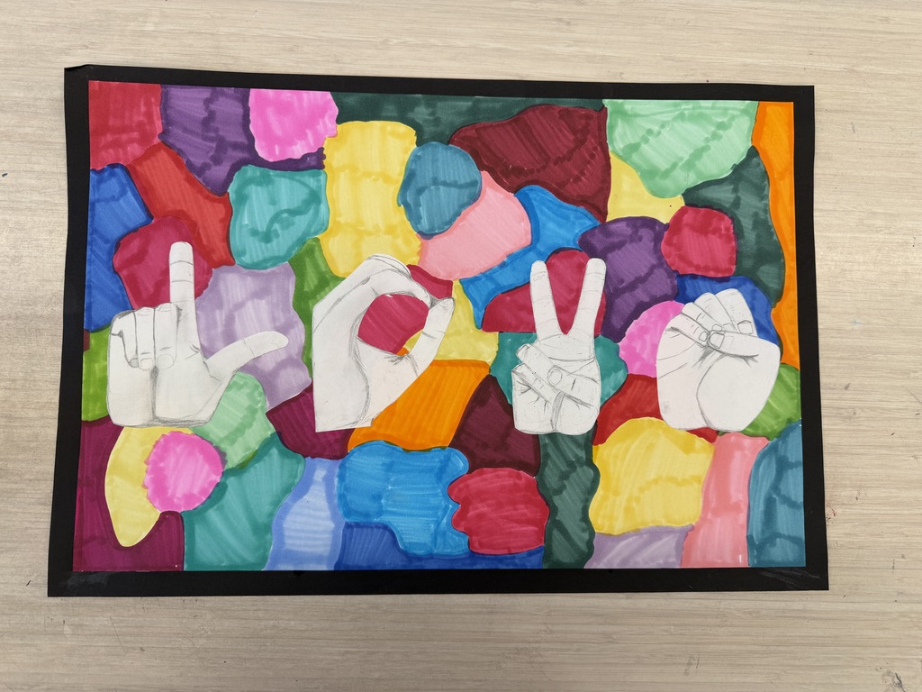 A psychedelic artwork with a colorful collage background and a pencil sketch of  sign language hands spelling the word LOVE.