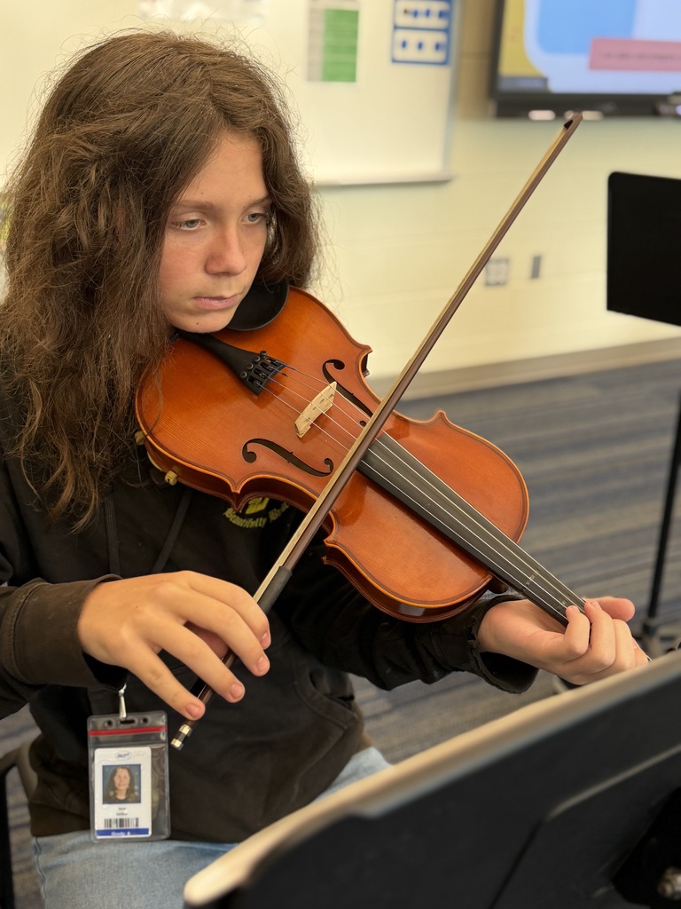 A student is shown holding his violin with the bow over the strings. He is looking at his sheet music on the music stand.