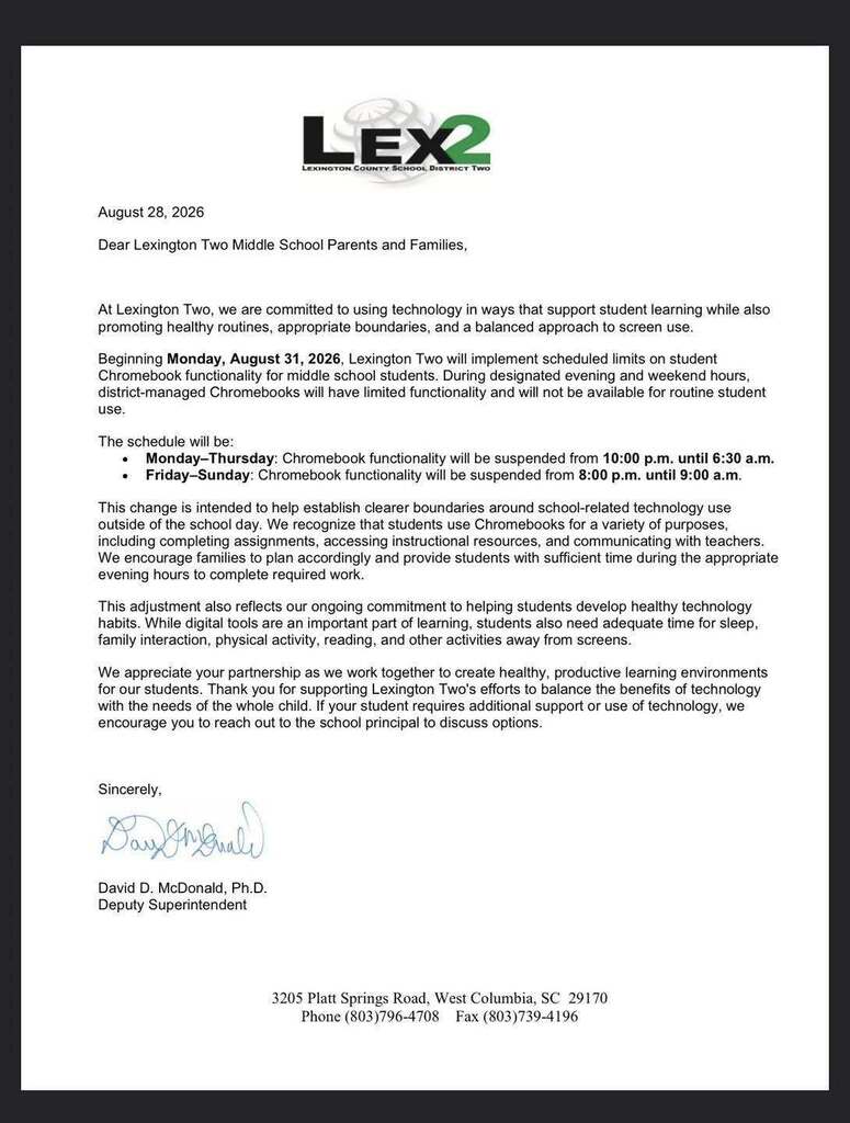 Letter about technoloy limits for middle school students, effective 8/31/26