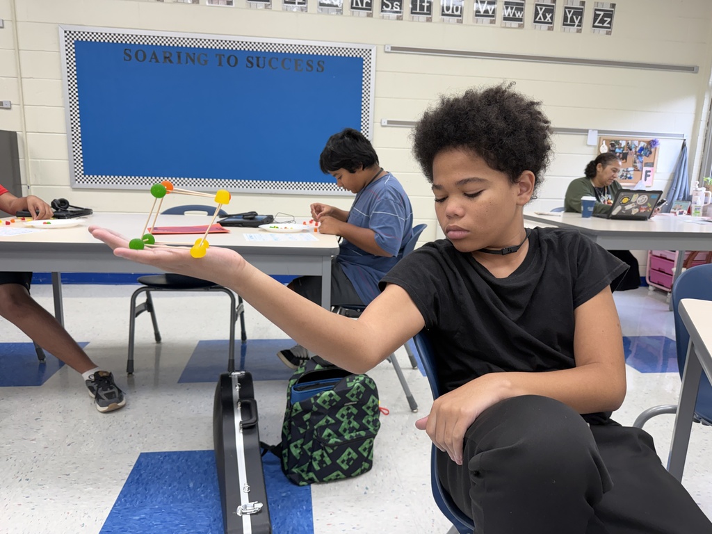 A student is shown with the DOT candy structure he built using toothpicks and DOT gummy candy.