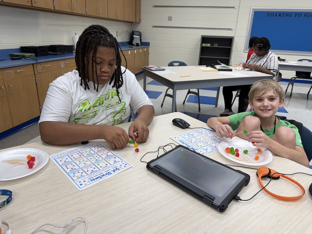Two students are sitting at their desks putting together their dot structures using toothpicks and DOT gummy candy.