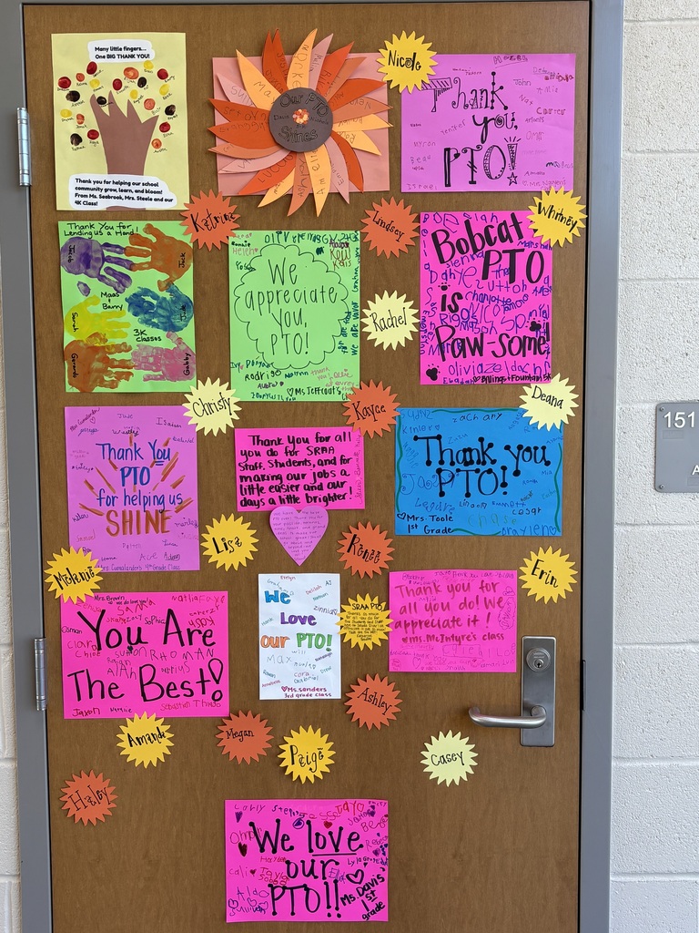 PTO's Door decorated with many thank you cards created by students and staff.