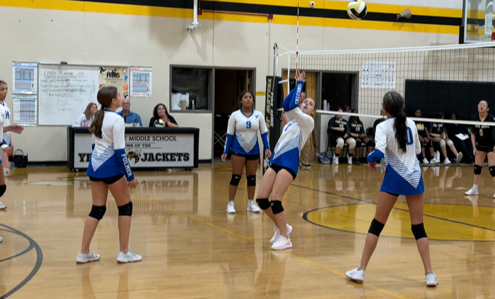 Volleyball players are on the court watching one of the top row players volley the ball backwards over the net.