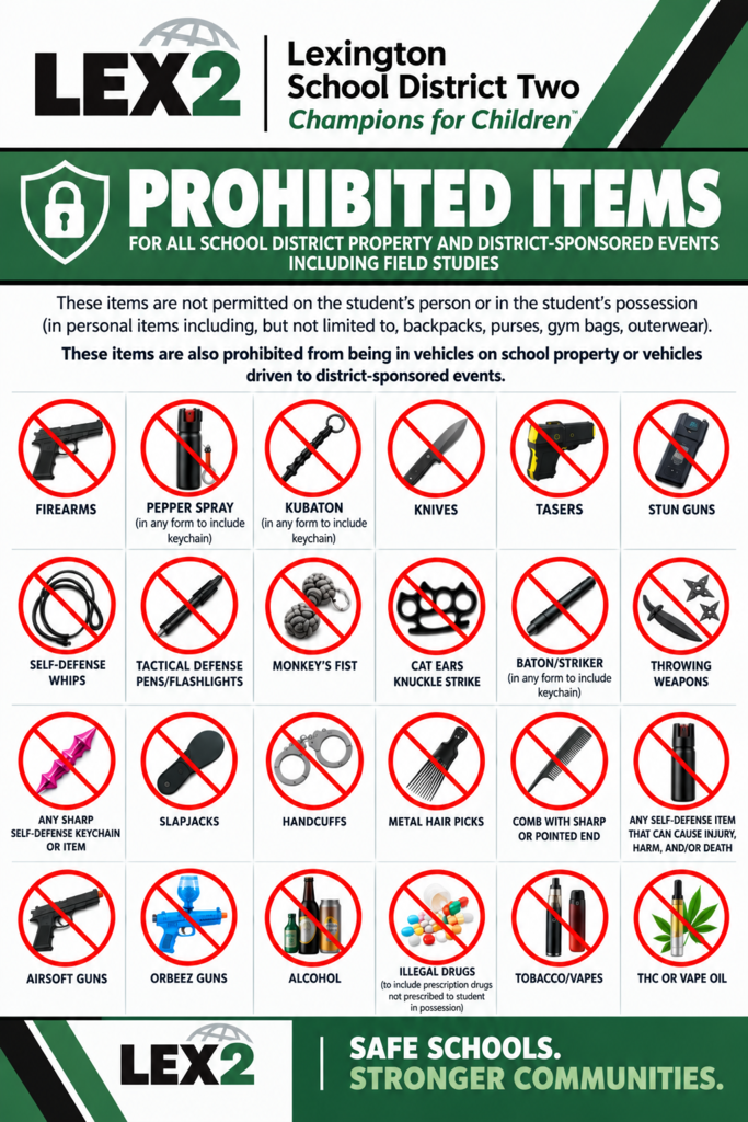 Flyer with images of prohibited items with red line drawn through them