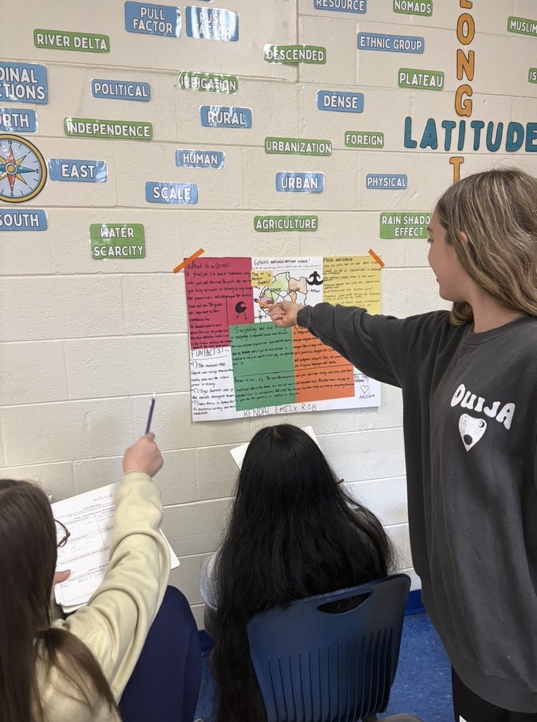7th grade social studies students are conducting a gallery walk by viewing different student group posters that share information about West African culture as they wrapped up this unit in class. Students are shown walking around with a paper and pencil in hand as they look at the different posters taped on the wall in different places in the classroom.