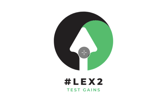 A circle with black on one side, green on the other, white arrow in the middle pointing up, with #LEX2 Test Gains underneath