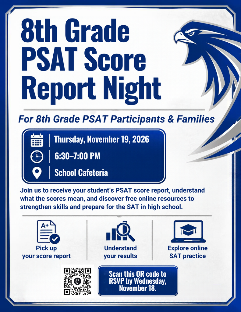 Flyer has a white background with a blue, gray, and white falcon bird shown in the upper right corner. The information on the flyer is written in dark blue and it is about the 8th grade PSAT Score report night event for 8th grade PSAT participants and families. It is held on Thursday, November 19, 2026 from 6:30 PM to 7:00 PM in the school cafeteria. Families are to scan the QR code to RSVP by Wednesday, November 18th. Families will be able to pick up their students score reports, understand test results, and explore online SAT practice.