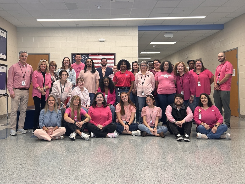 A group of faculty and staff members are standing in a group, with the front row and some in the middle row sitting, all wearing pink to support Breast Cancer Awareness.