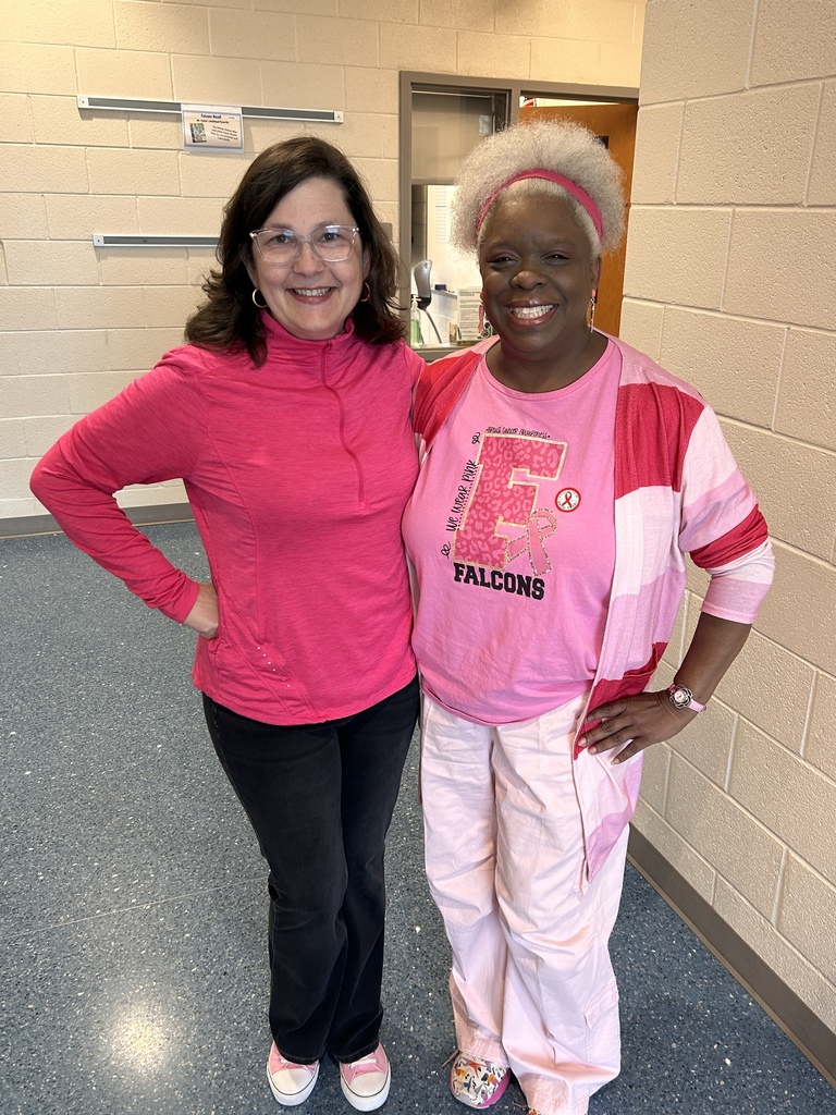 Two faculty members are standing in the hallway side by side smiling at the camera wearing pink for Breast Cancer Awareness.