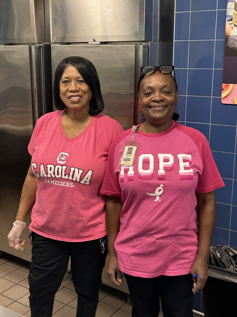 Two faculty members are standing in the hallway side by side smiling at the camera wearing pink for Breast Cancer Awareness.